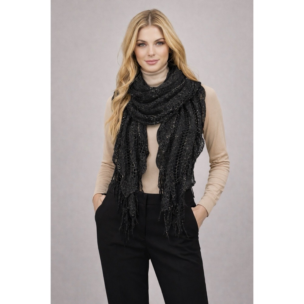 Black Open Knit Lace Scarf Shawl Wrap w/ Fringe –Lightweight Sparkle -Approx 60+